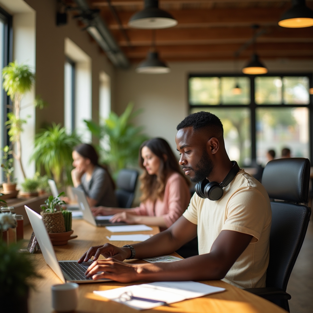 Espacio de coworking con personas trabajando con concentración