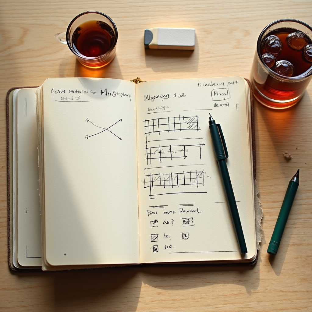 Cuaderno con mapeo de energía y anotaciones de trabajo